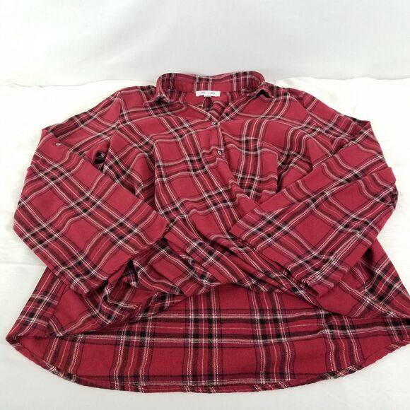 She + Sky Shirt Womens Medium Red Top Plaid Long Sleeve Surplice Collared Rolled - Picture 3 of 10